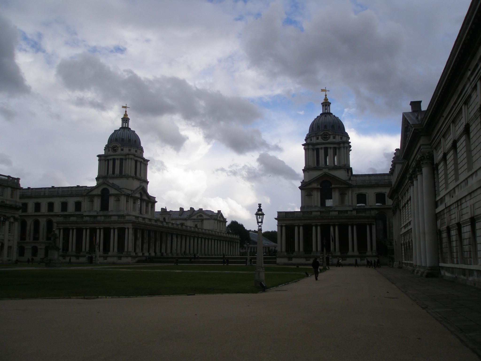 Old Royal Naval College. On the left: Queen Mary Court & Chapel. On the right: King William Court & The Painted Hall, which sits below the great dome.