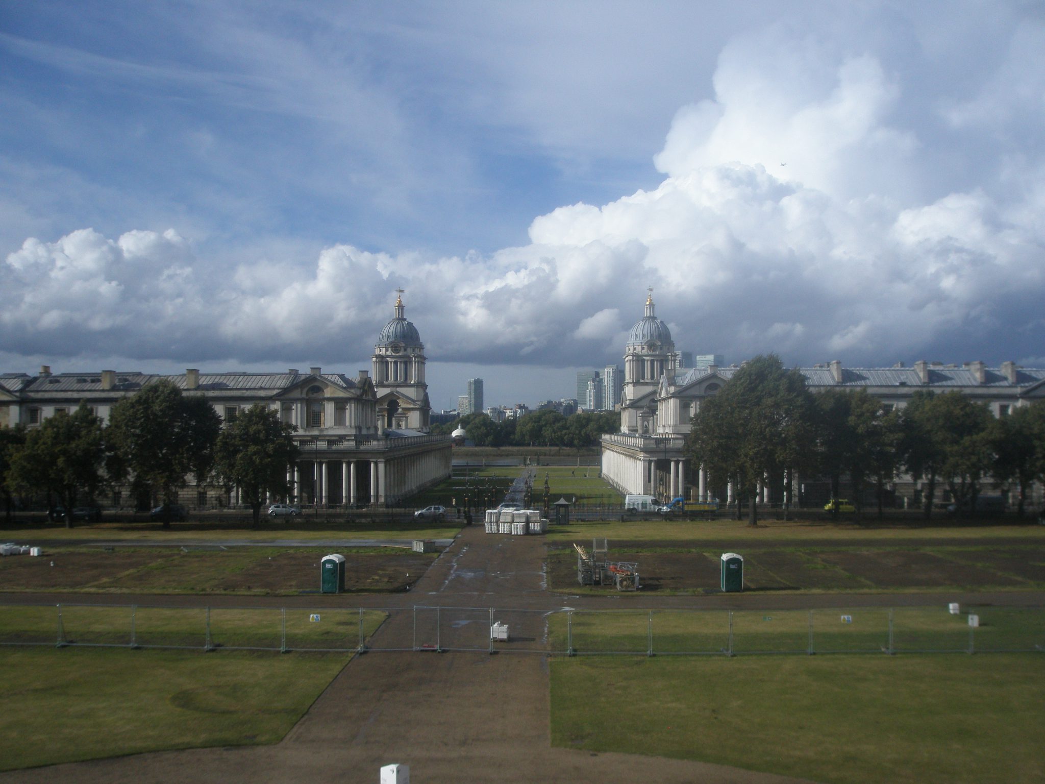 Symmetrically-placed Porta-Potties, lined up with Christopher Wren's 2 domes