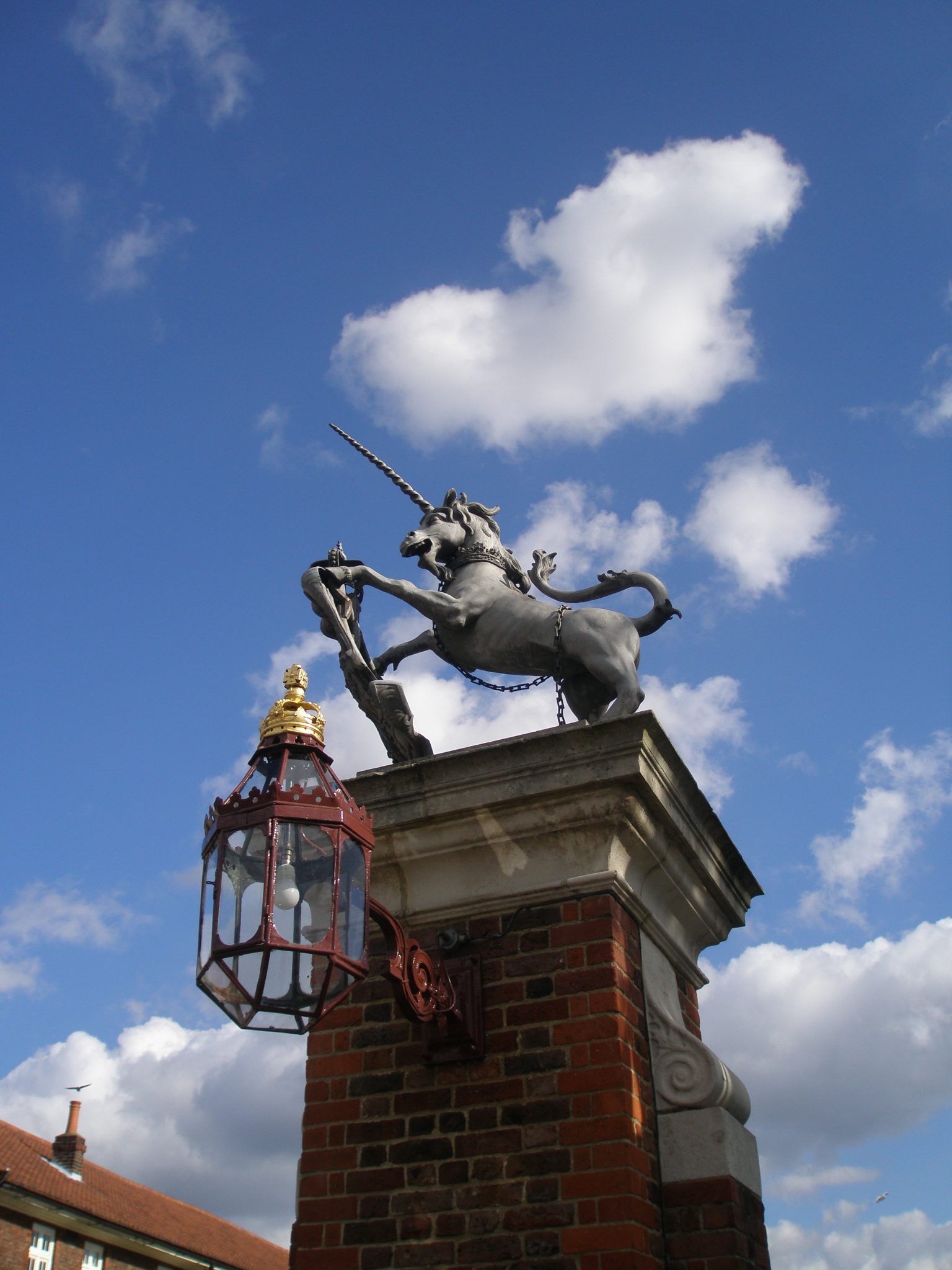 Unicorn atop Roadside Gates of Hampton Court Palace