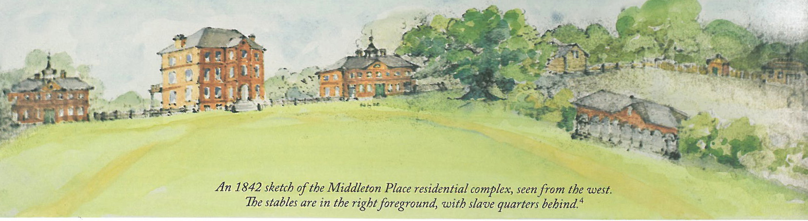The complex of buildings at Middleton Place, as of 1842. Image courtesy of the Middleton Place Foundation.