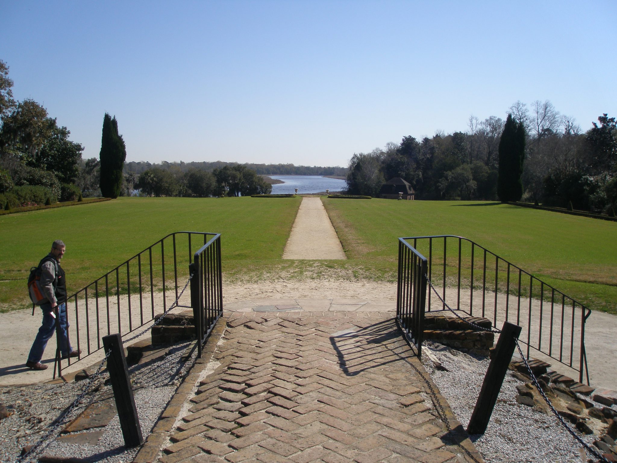 From the site of the Main House: a view down toward the Ashley River. A brick walk has been laid where the Center Hall was located: the Middletons positioned their home to capture the best view of the Ashley River. 