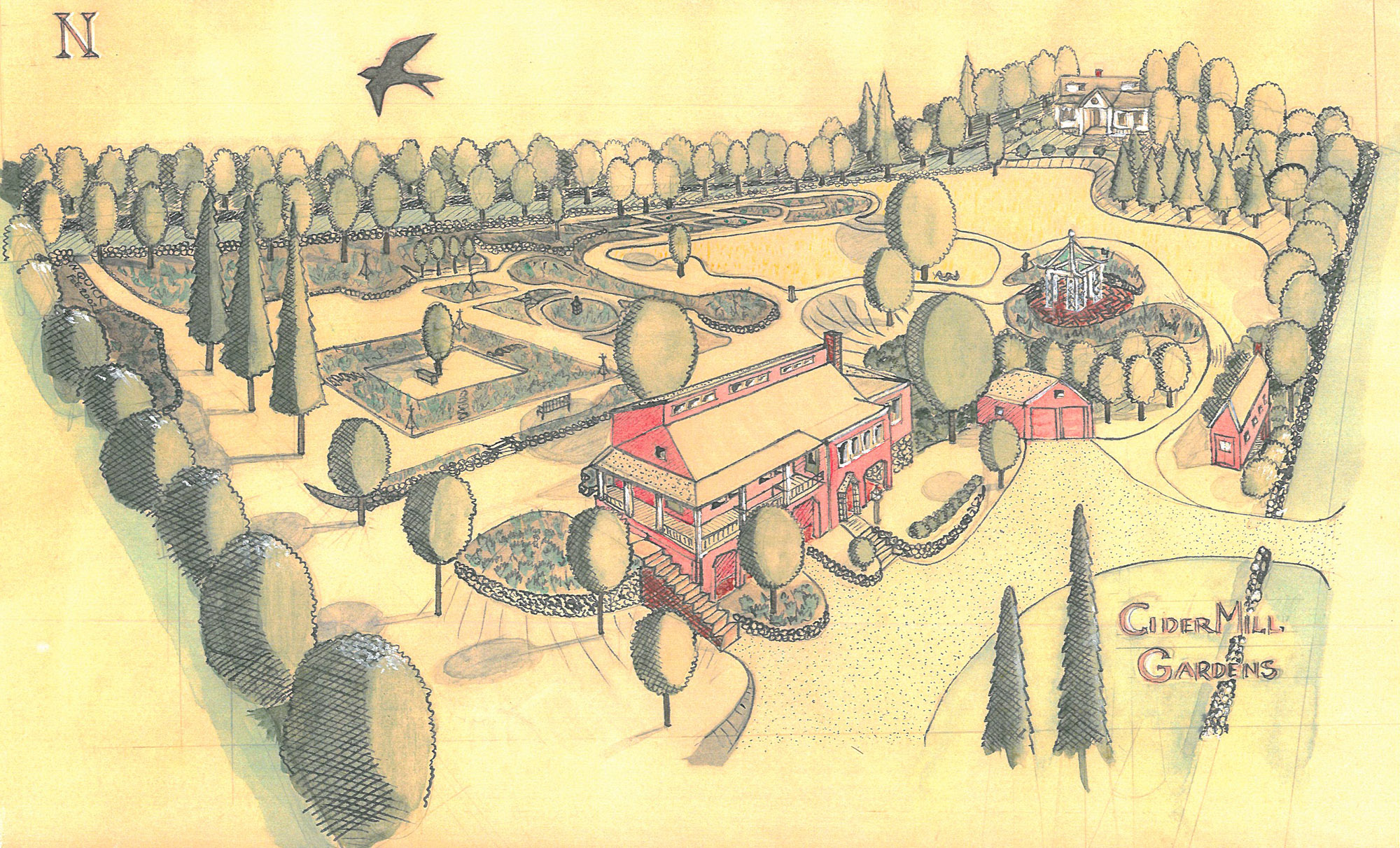 The gardens I made at my previous home in New Hampshire. Pen, ink & watercolor sketch done by Nan, in Feb. 2002 