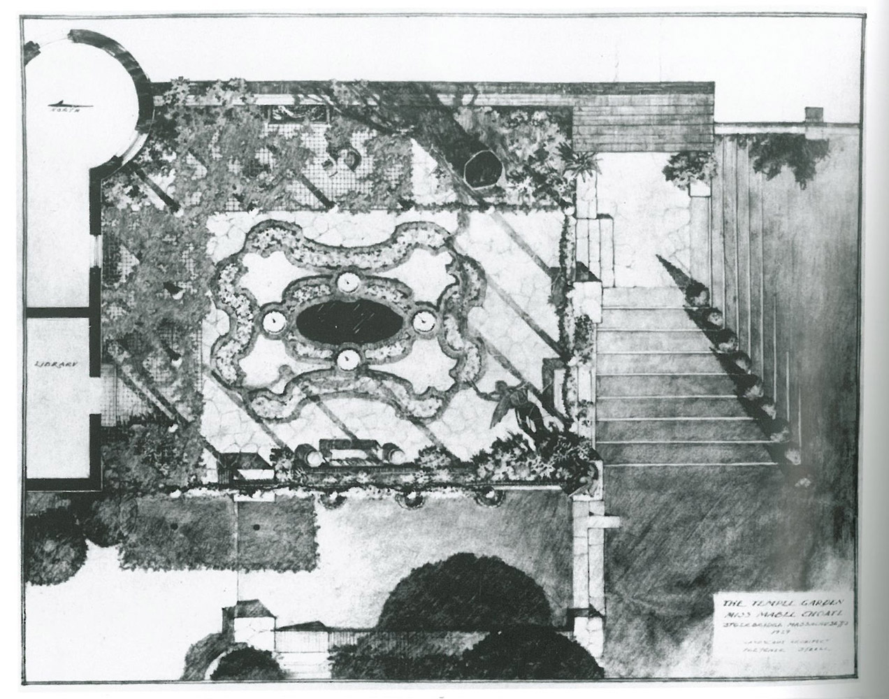 Birds-eye view of Afternoon Garden, drawn in 1930 by Henry Hoover, who worked for Steele. Steele was a gifted designer, but a mediocre draughtsman. Hoover’s renderings of Steele’s designs became an important sales tool; so expressive were his drawings that clients could see exactly how their finished gardens would appear. 