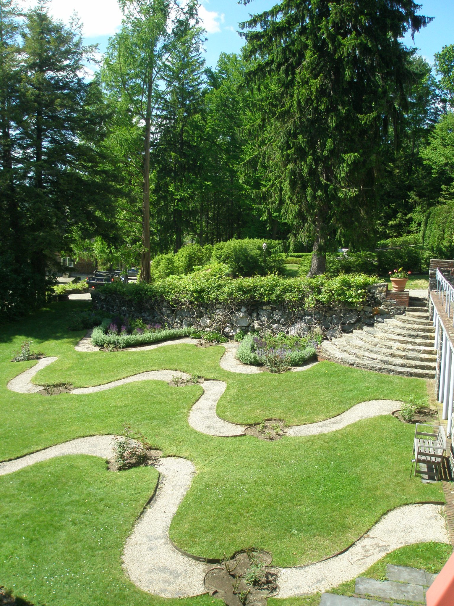 The Rose Garden was designed to be seen from above. Here, the view from the walkway at the lower edge of the Top Lawn.