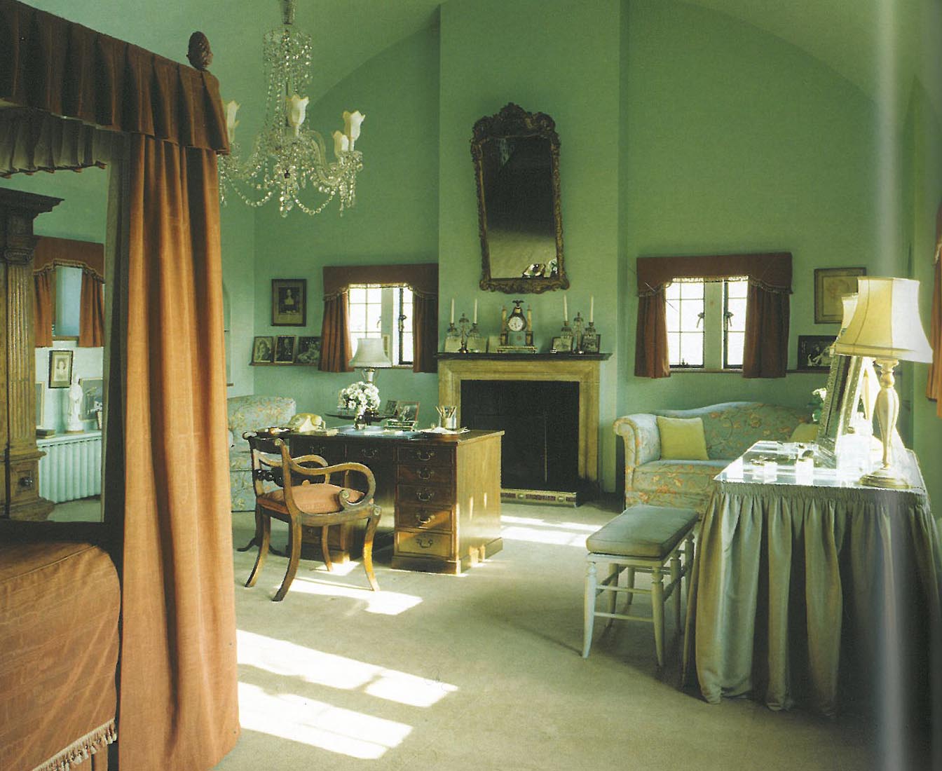 Lady Churchill's Bedroom is on the top floor of the 3-storey addition, on the south side of the House. The barrel-vaulted ceiling is painted the same duck egg blue color that coats the walls. Churchill called this room his wife's "magnificent aerial bower." Image courtesy of The National Trust.