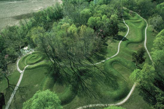 Southern Ohio's Great Serpent Mound is 1349 feet long. Radiocarbon dating of charcoal discovered within the mound indicates that people worked on the mound circa 1070 CE.