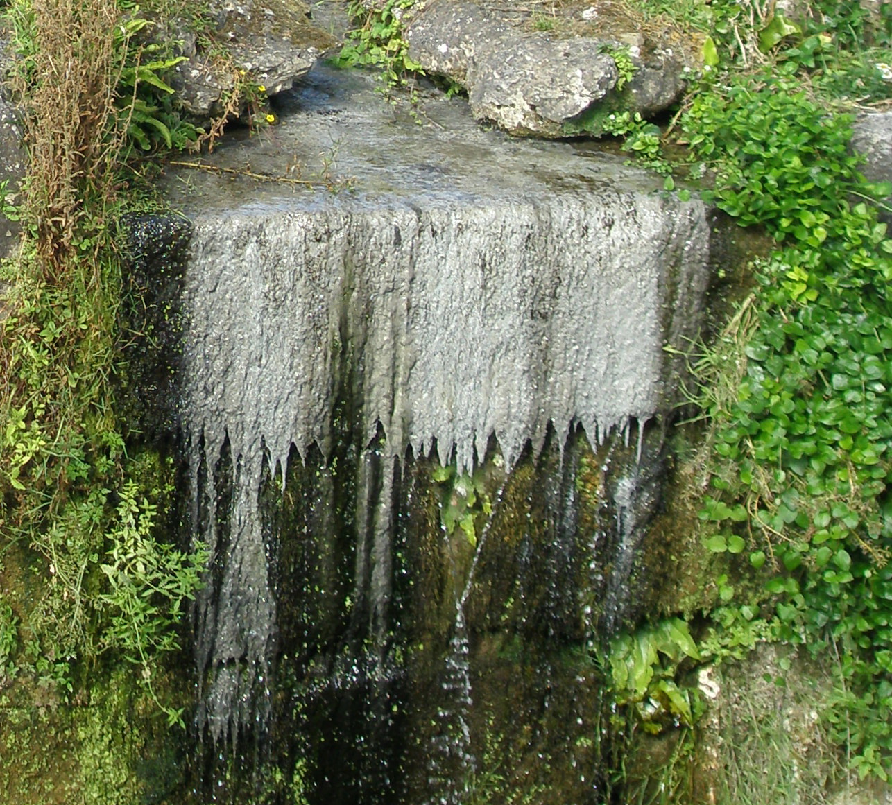 Naturally-formed limestone deposits form a lacy curtain at the High Cascade