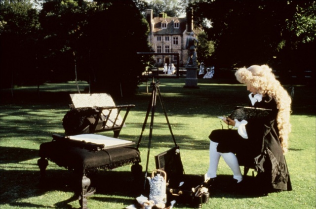 Scene from the film THE DRAUGHTSMAN'S CONTRACT. The Artist is set up, on the same Draughtsman Lawn that Amanda and I walked across. Image courtesy of Peter Greenaway.