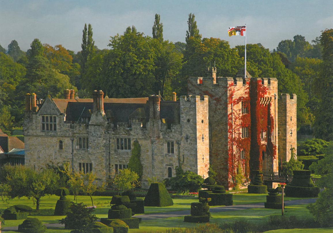 Hever Castle, Anne Boleyn's childhood home. A castle has occupied this site since 1270. The current Castle, which is surrounded by a moat, dates from the 15th century. Image courtesy of Hever Castle.