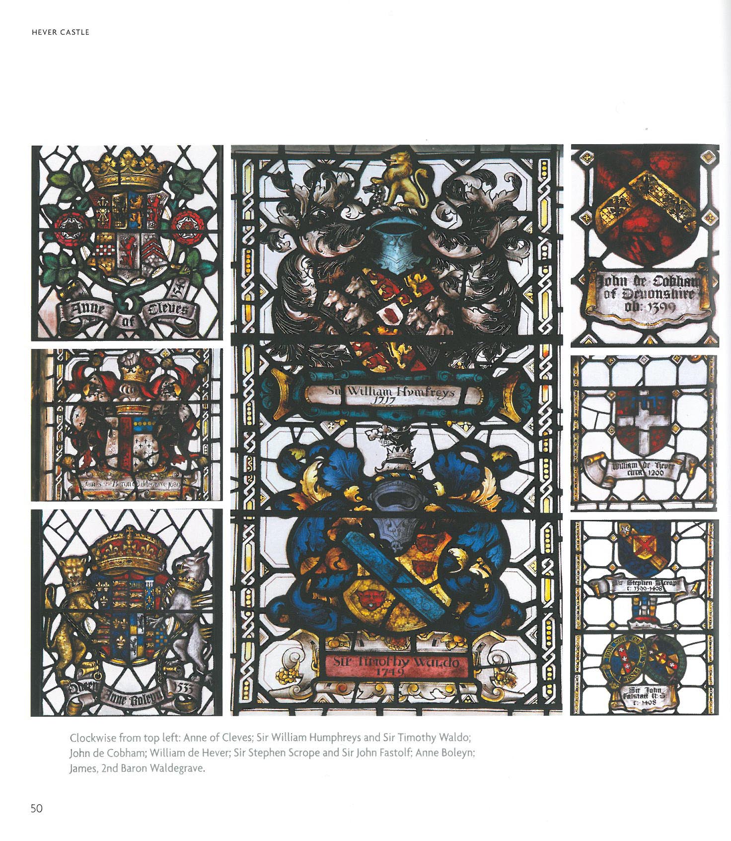 Stained Glass Windows in the Long Gallery. These commemorate the different owners of Hever Castle. Image courtesy of Hever Castle.