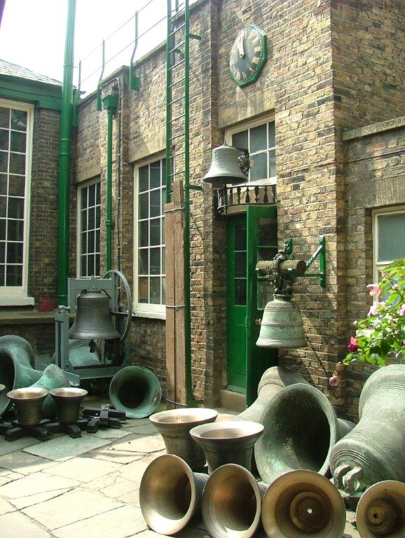 We're still in London, at the Whitechapel Bell Foundry. Here are some of their exquisite creations. Photo courtesy of Anne Guy.