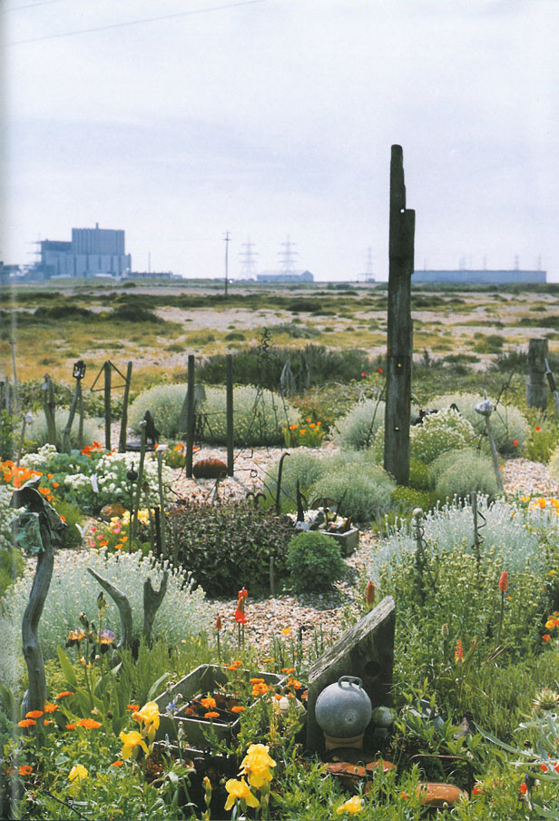 Jarman's back garden, with the Dungeness Nuclear Power Station in the not-too-far-distance. Image courtesy of Estate of Derek Jarman.