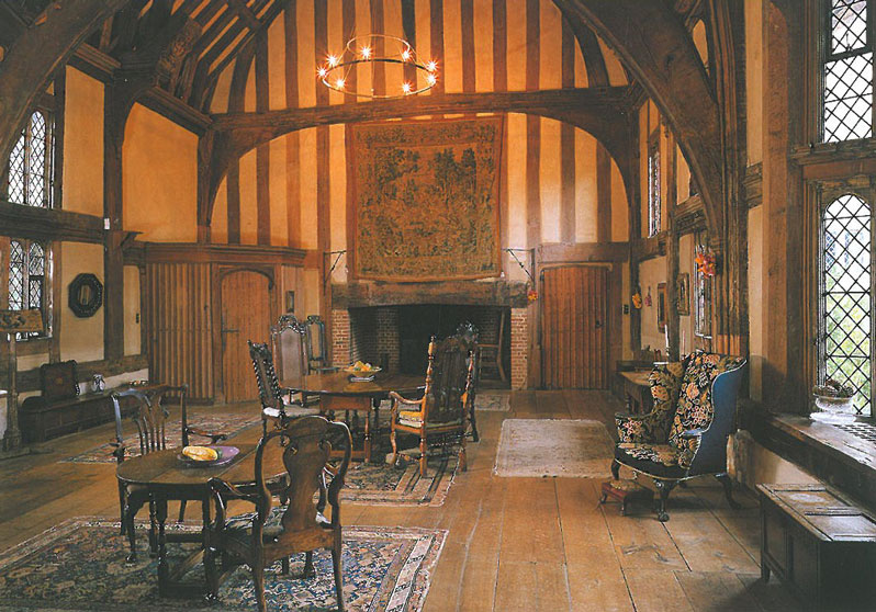 To the right of the front entry porch is the Great Hall, which has been restored to look very much as it did when it was built in the mid 15th century. The Hall is one of the largest surviving timber-framed halls in England (measuring 40 feet by 25 feet, and 31 feet high). Image courtesy of Great Dixter Charitable Trust.