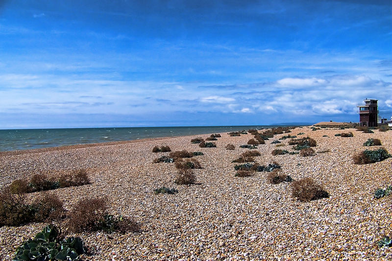 The shingle beach at Dungeness, on a day that was sunnier than ours....