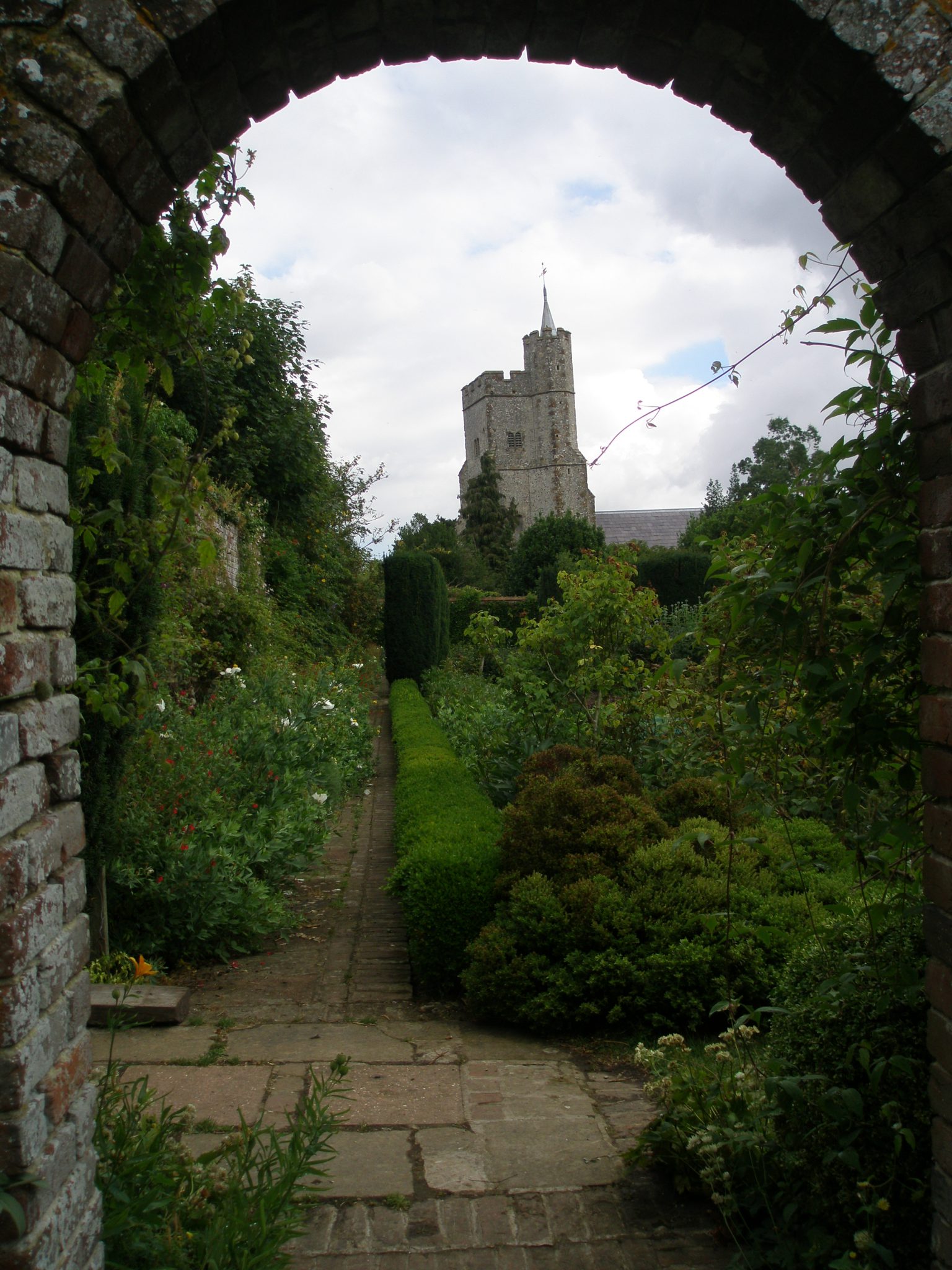 A closer look at the church tower, from within the Walled Garden.