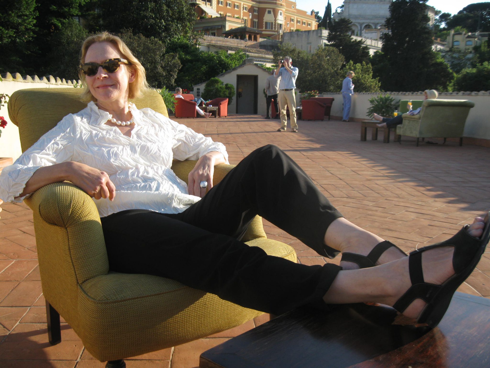 This end-of-trip photo of the Restless Author (taken in late afternoon, on the roof terrace of the Donna Camilla Savelli Hotel, on Saturday May 17, 2014 ) proves that a Rome-Stay CAN indeed be relaxing, instead of exhausting. I'll tell you how to keep calm, while visiting one of the fabulously frantic cities in the World. Photo by Donn Brous.