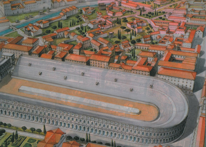This reconstructed view of Domitian's Stadium is from R.A.Staccioli's ROME:PAST&PRESENT.