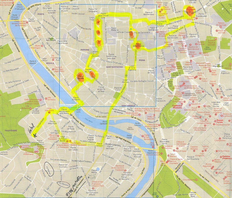 Yellow marks our meandering path, as I led Donn away from Trastevere, and on a loop through Rome's Centro Storico.