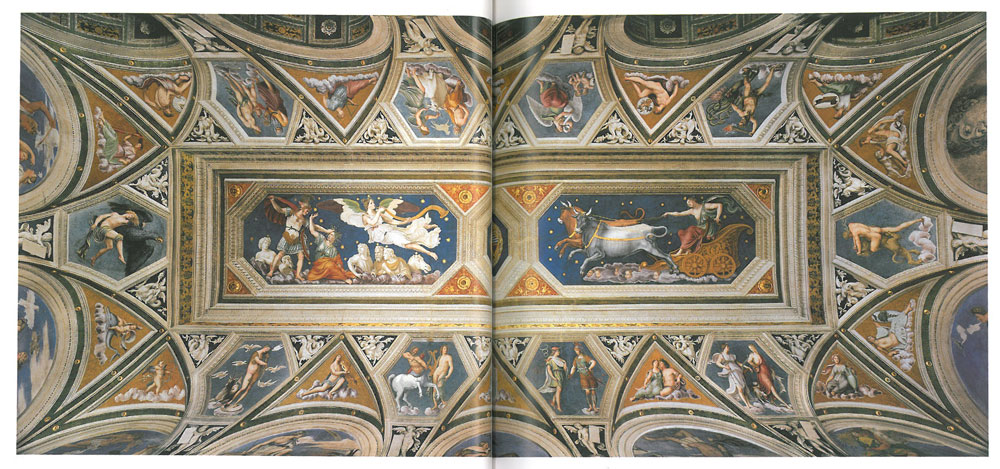 The entire length of the vaulted ceiling in the Loggia of Galatea. Astrology was very important to the man who commissioned the Villa: Augustino Chigi waited to lay the cornerstone of his new house until the planets were favorably aligned. On 22 April 1506--a date thought to mark the anniversary of the founding of Rome--construction of his dream-home began. Image courtesy of LA VILLA FARNESINA A ROMA, published by Franco Cosimo Panini.