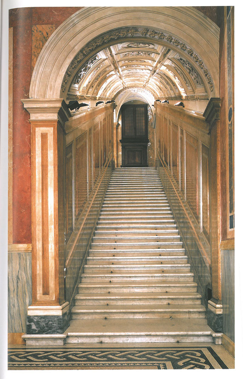 Stairs leading to the upper floor. This great flight of steps was restructured in 1861, by Antonio Cipolla. Image courtesy of LA VILLA FARNESINA A ROMA, published by Franco Cosimo Panini.