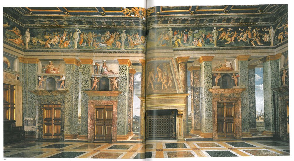 The Hall of Perspective Views: the north wall. This large room was decorated in 1519 by Baldassare Peruzzi. Image courtesy of LA VILLA FARNESINA A ROMA, published by Franco Cosimo Panini.