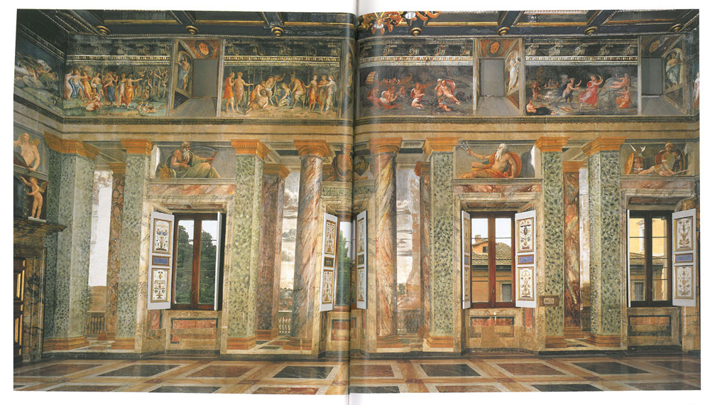 The Hall of Perspective Views: the south wall. Image courtesy of LA VILLA FARNESINA A ROMA, published by Franco Cosimo Panini.