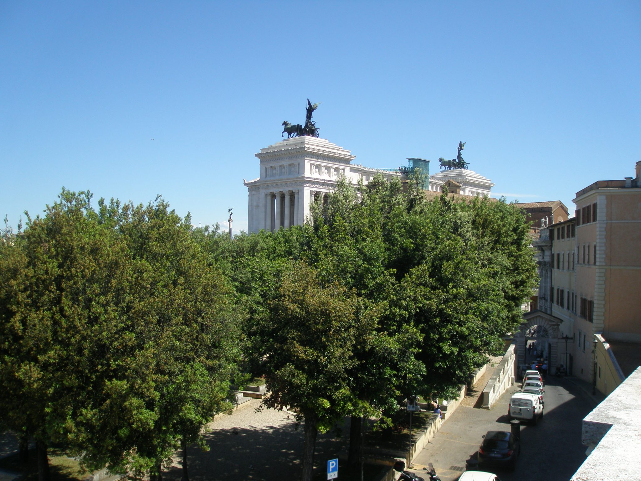 From the roof terrace Cafe at the Capitoline Museum: the view north, toward Il Vittoriano's winged twins.