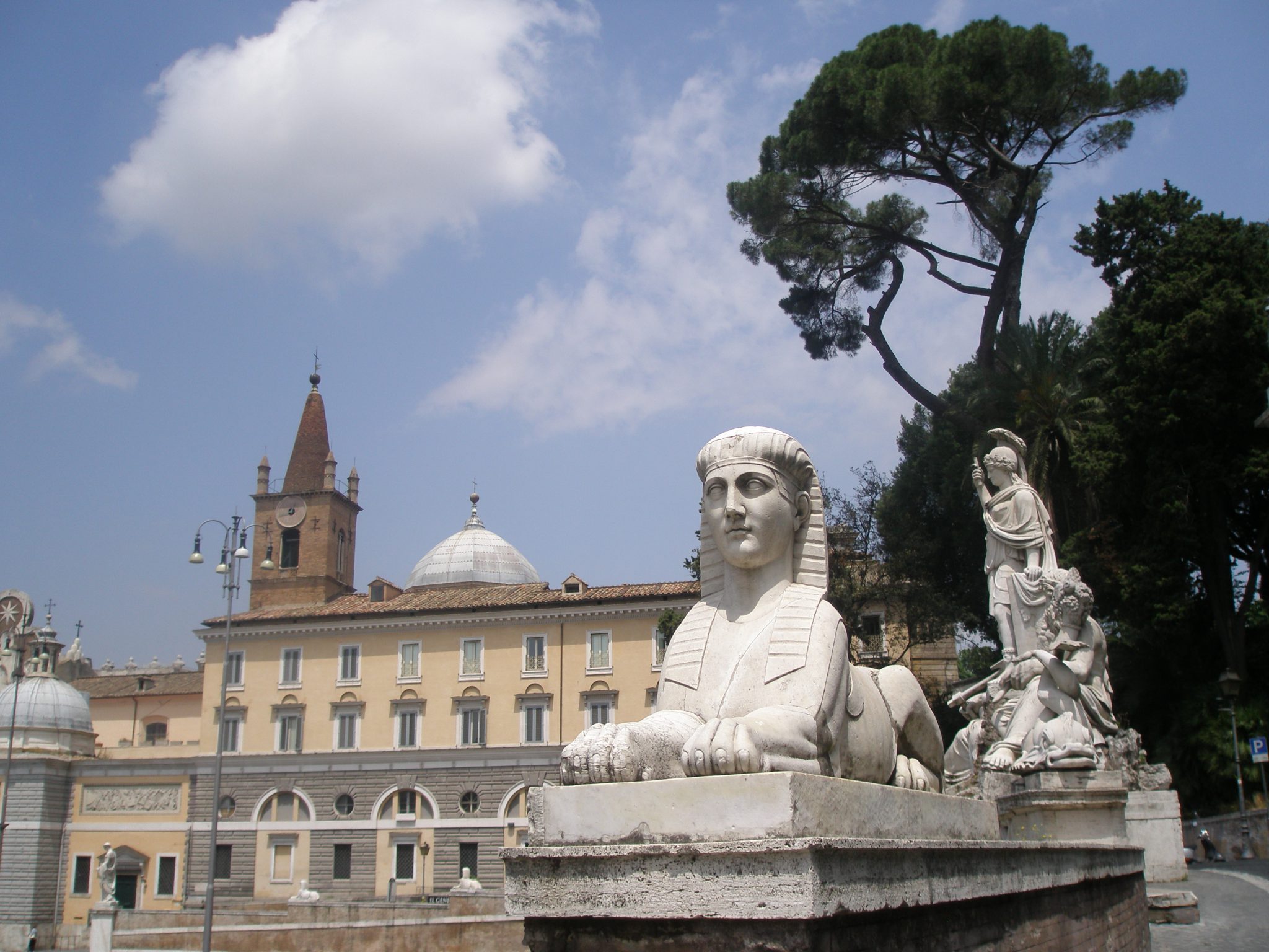 A sphinx guards the winding road that leads from the Pincian Hill and the gardens of Villa Borghese down to Piazza del Popolo.