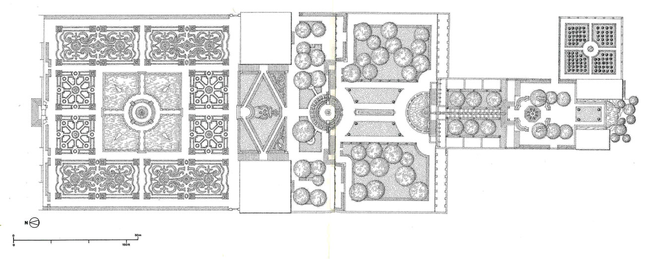 Drawn-to-scale MAP of the Main Gardens at Villa Lante. Image from THE ARCHITECTURE OF WESTERN GARDENS, courtesy of The MIT Press.