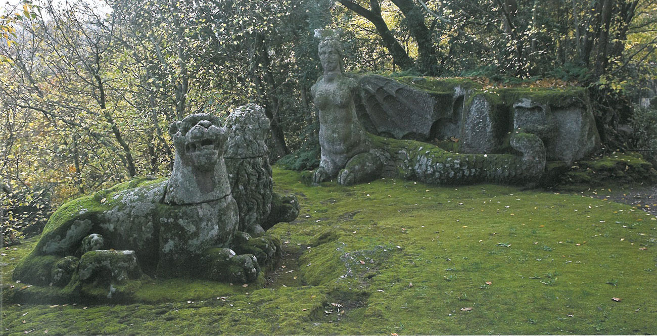 A Lion & Lioness rest, between the Two Sirens. Image courtesy of THE GARDEN AT BOMARZO, by Jessie Sheeler.