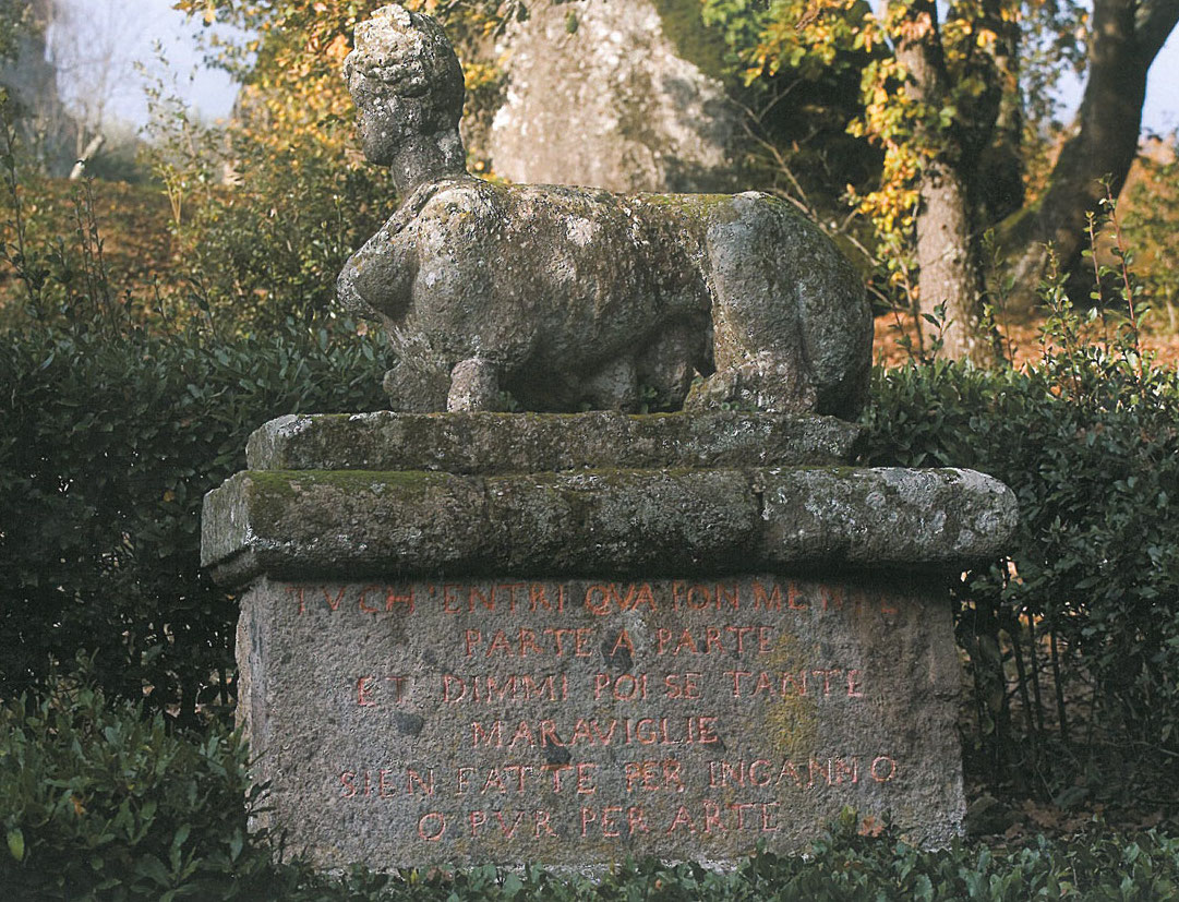 A better look at the inscription on the base of Sphinx Number Two. Image courtesy of THE GARDEN AT BOMARZO, by Jessie Sheeler.