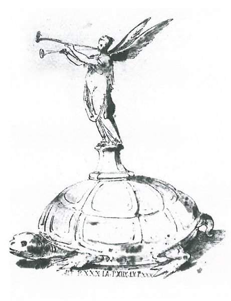 Engraving of Tortoise & Fame. Giovanni Guerra, 1604.