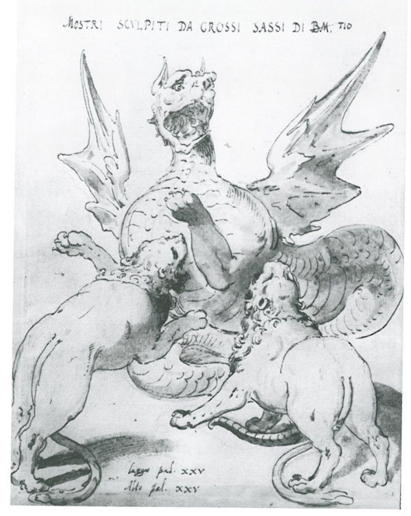 Engraving of Dragon & Lions, by Giovanni Guerra. 1604.