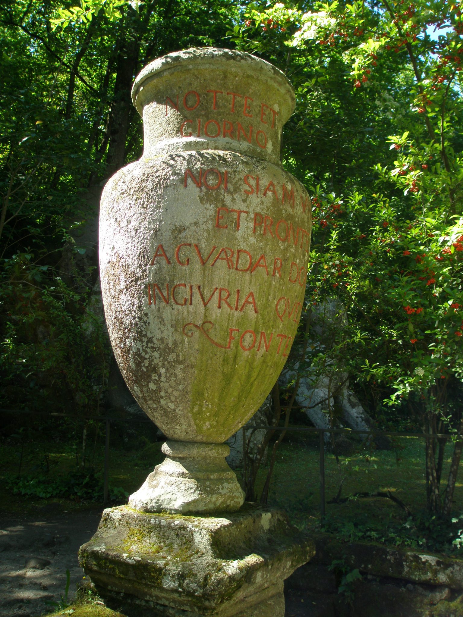 Every Giant Vase is inscribed with a message from Vicino. This one says: "Night and Day we are vigilant and ready to protect this fountain from any harm." No evidence survives of fountains in this part of Sacro Bosco. I'm trying to imagine what the gardens were like, when every corner was filled with the sounds of splashing water.
