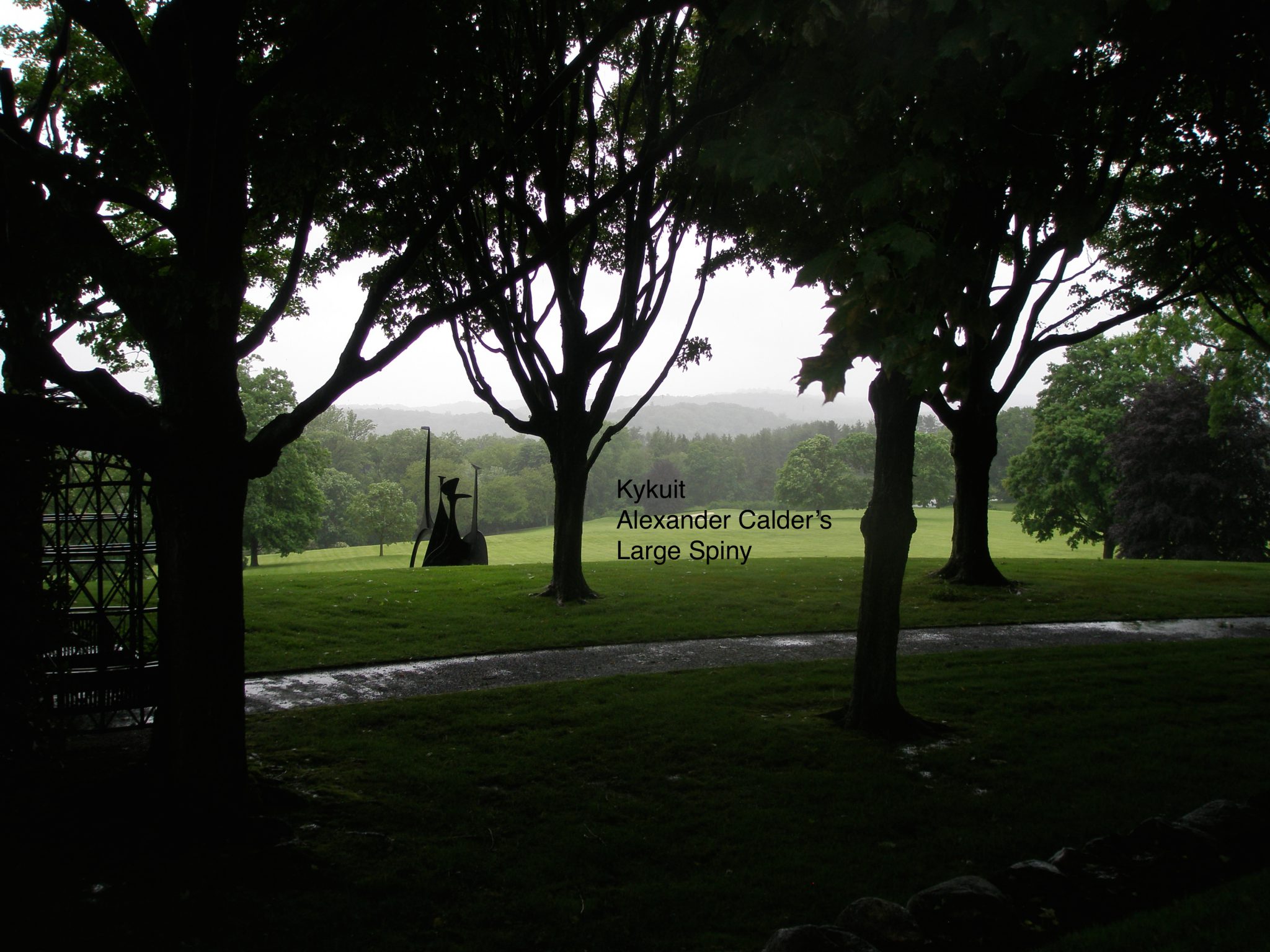 And in 1966, the most artfully-sited piece of all was placed below the Maple Walk. I took this picture in early June of 2013, during a violent rainstorm, and the silhouettes of the wet tree trunks combined with the Calder sculpture were wonderful.