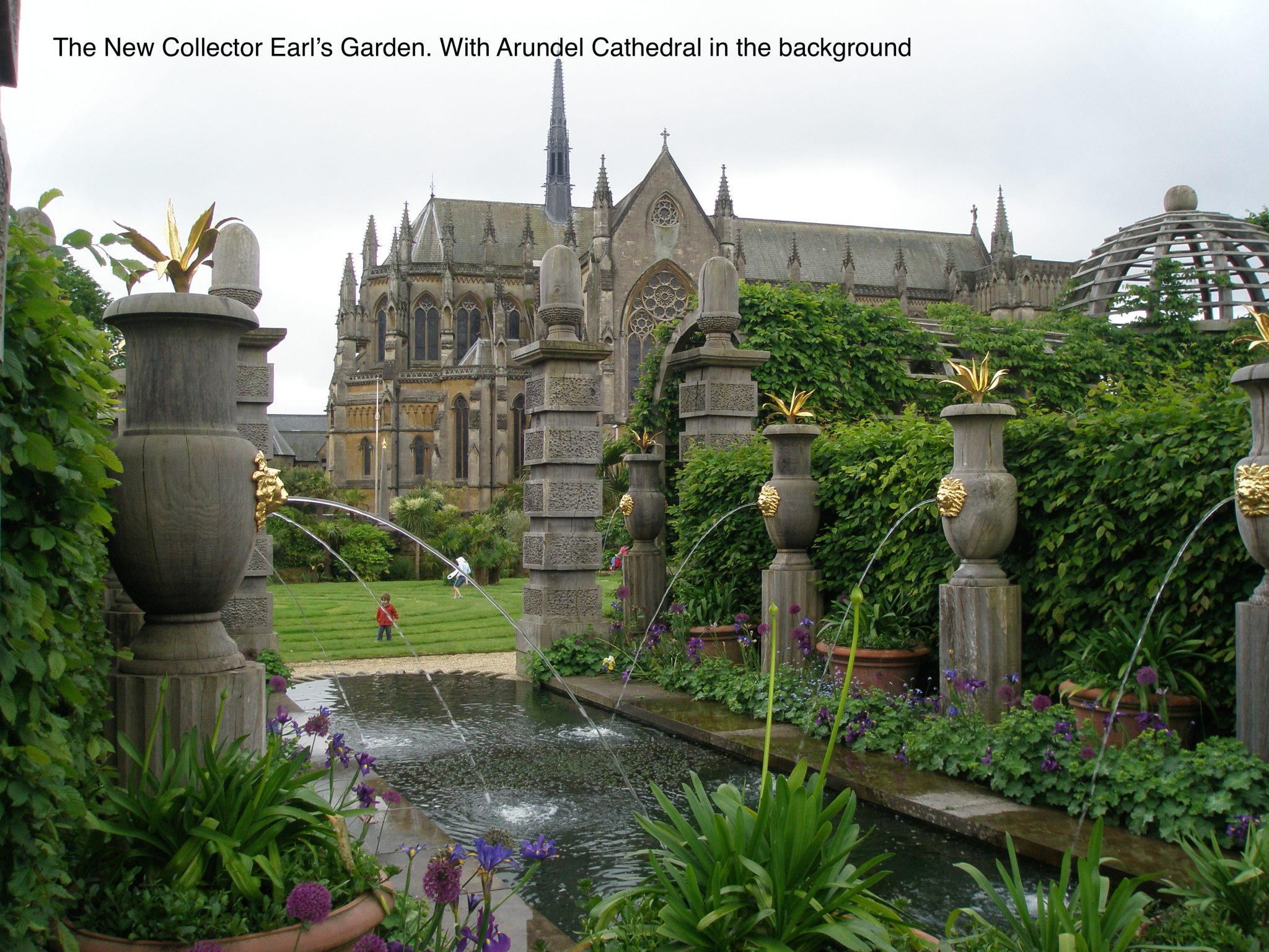 The Water Garden, with a grass Labyrinth ( and Arundel Cathedral, in the background)