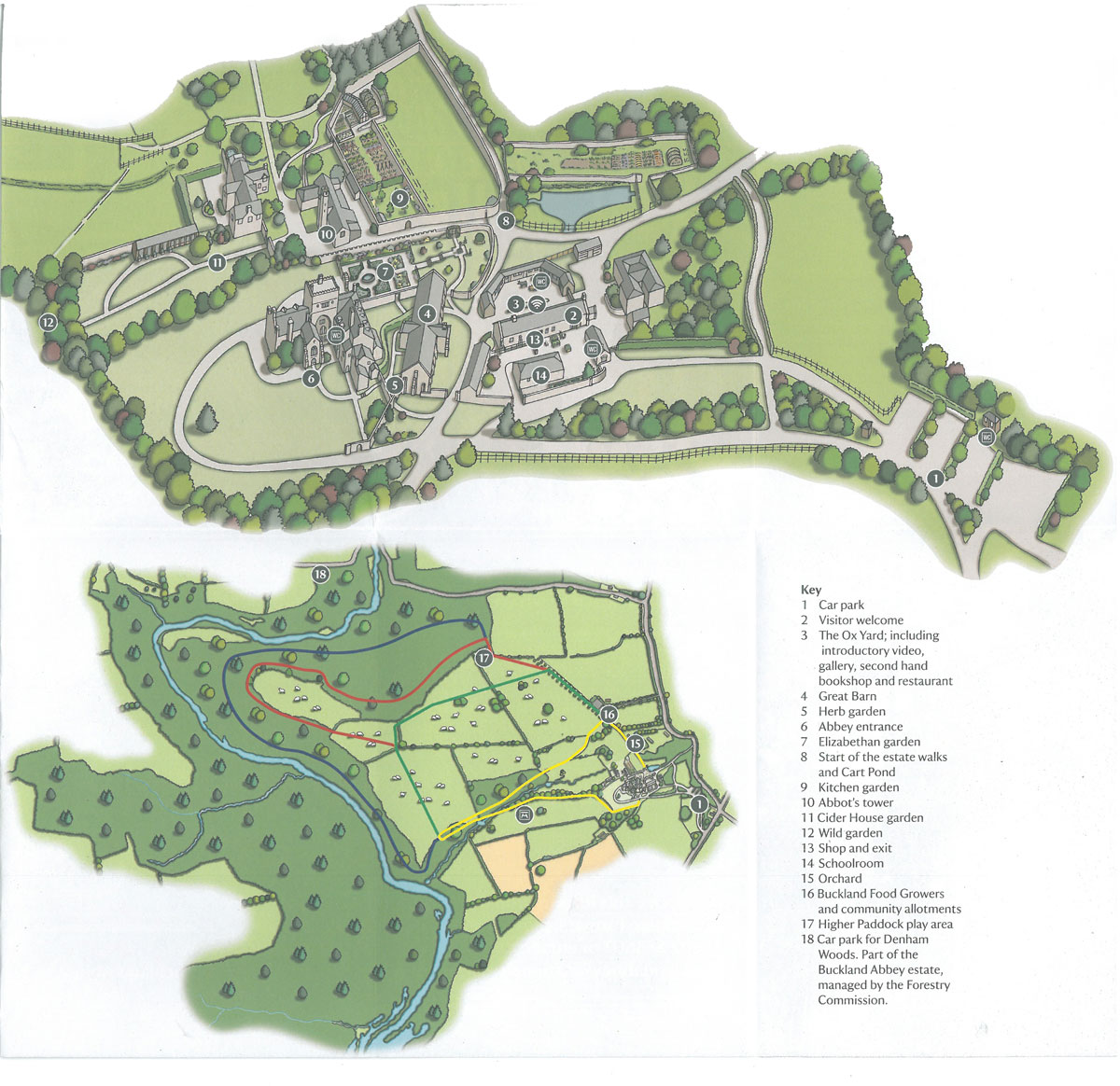 Plan of Buckland Abbey’s Gardens; and a Map of the Walks across the landscape of the Estate. Key to Estate Walks: YELLOW= Abbots Walk, 1 mile. GREEN=Grenville Walk, 1 ½ miles. RED=Drake Walk, 2 ½ miles. BLUE=Amicia Walk, 3 miles 