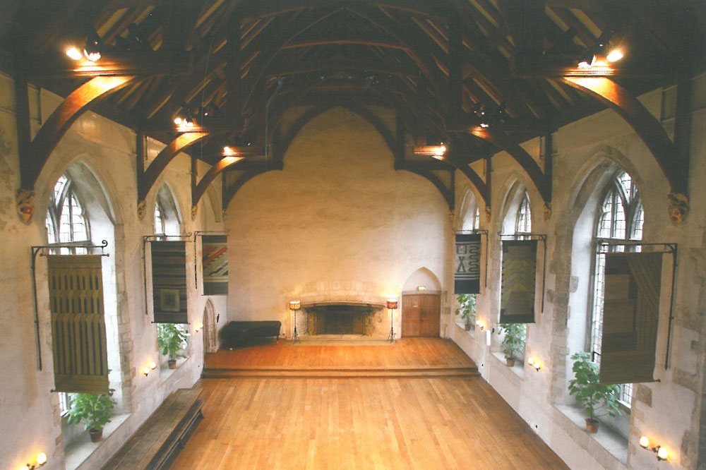 Inside the Great Hall. In 1925, when the Elmhirsts bought Dartington, only the walls of the Great Hall remained standing. Over the next 10 years, all of the Courtyard buildings were restored. Image courtesy of Dartington Hall.