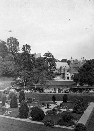 In the 19th century, walkways and shrubbery covered the bottom of the Tiltyard. Image courtesy of Dartington Hall.