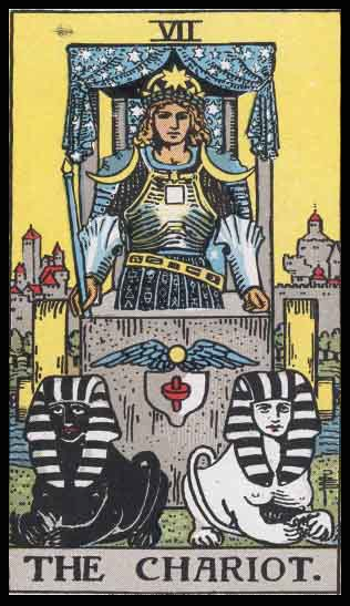 The Chariot, Card VII of the Tarot. Per Niki: “The Chariot represents Victory. It is the card of triumph over adversaries, over problems. In the card lies an inherent danger. At the moment of triumph, one must be most vigilant because one is most fragile.” 