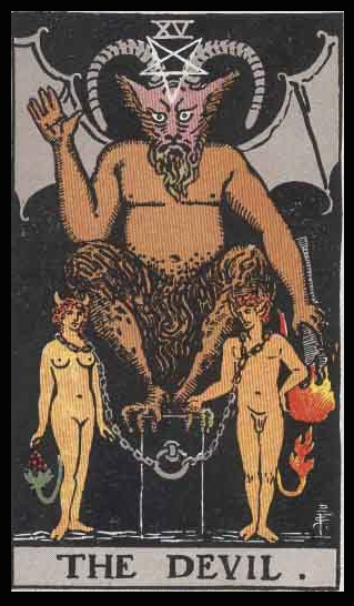 The Devil, Card XV of the Tarot. Per Niki: “Card of Magnetism, Energy and Sex. The Devil also represents the loss of personal freedom through addiction of any kind. It scared me working on this card. I had visions of hundreds of devils swarming around the Sphinx, afraid they might attack me.” 