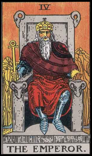  The Emperor, Card IV of the Tarot. Per Niki: “The Emperor is the card of masculine power, for good or for bad. The Emperor is the symbol of organization and aggression. He has brought us science and medicine but also weapons and war. He represents the Patriarch or male protector. He also desires to control and conquer.” 