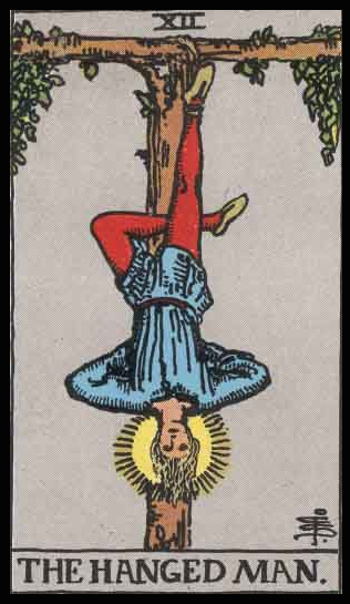 The Hanged Man, Card XII of the Tarot. Niki placed the Hanged Man inside of her Tree of Life. Per Niki: “The Hanged Man has fascinated poets and artists throughout the ages. The Hanged Man is suspended by his foot. He is in the position to view the world upside down, thus in a new way. The card also represents Compassion.” 