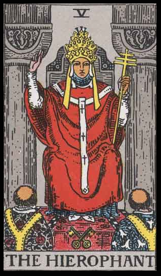 The Hierophant, Card V of the Tarot. Per Niki: “Through this card one acquires knowledge of a sacred nature. He represents a teacher, a guru, a prophet, or a Pope.” 