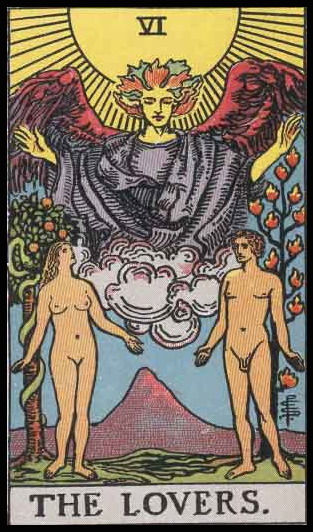The Lovers (sometimes called The Choice), Card VI of the Tarot. Per Niki: “Adam and Eve were the first couple and made the first choice. The card implies there is a wrong and a right choice. A mistake can bring one closer to the truth of ourselves.” 