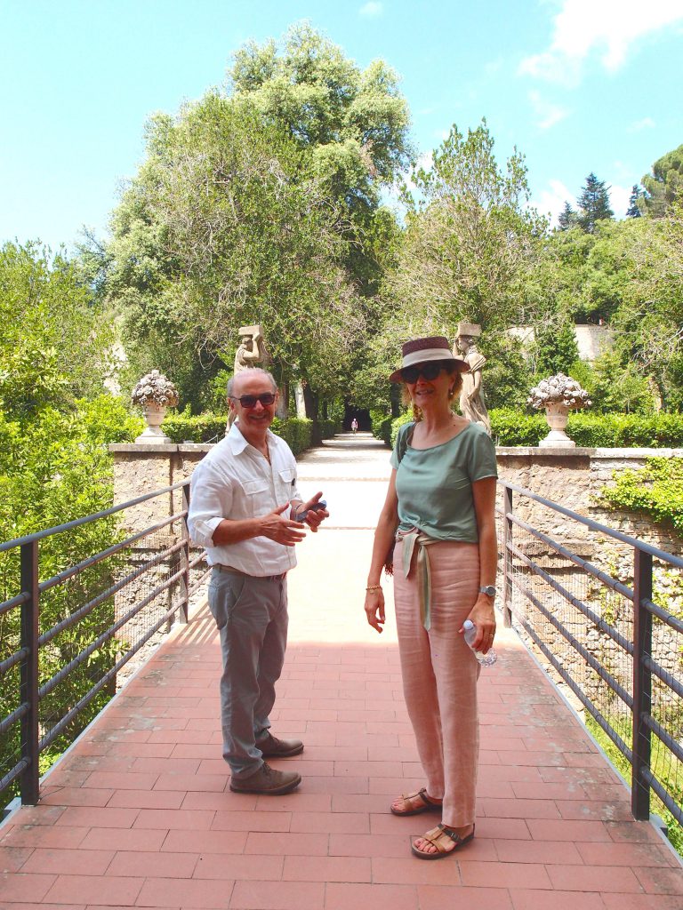 Steady Driver Anacleto, and Esteemed Guide Vannella, at the entrance to the splendid gardens of Villa Farnese at Caprarola ( built in the mid 1500s, and which we’ll explore at length in a future Diary) . 