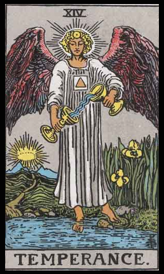 Temperance, Card XIV of the Tarot. Per Niki: “I had great difficulty understanding this card. It was too far from my passionate nature. Temperance seemed to me to be a compromise. A middle road. One day a light dawned. Temperance is the Right Way. I made an angel of this card which crowns the Chapel.” 