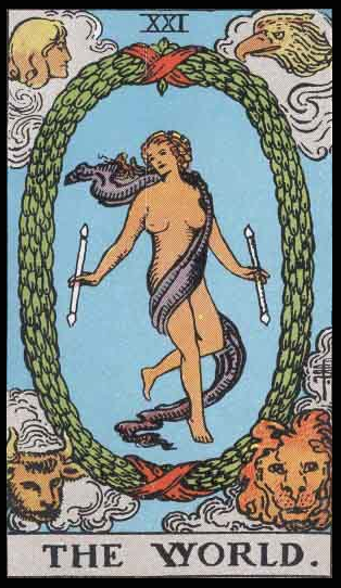 The World, Card XXI of the Tarot. Per Niki: “The World is the card of the splendor of interior life. It is the last card of the Major Arcana. It is the answer to the Sphinx.” 